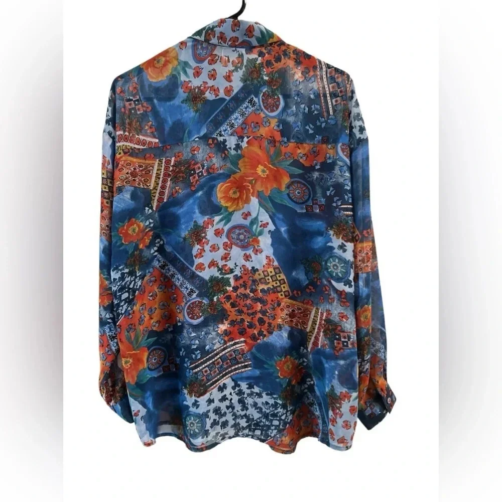 Vintage floral blue and orange Greece button up blouse